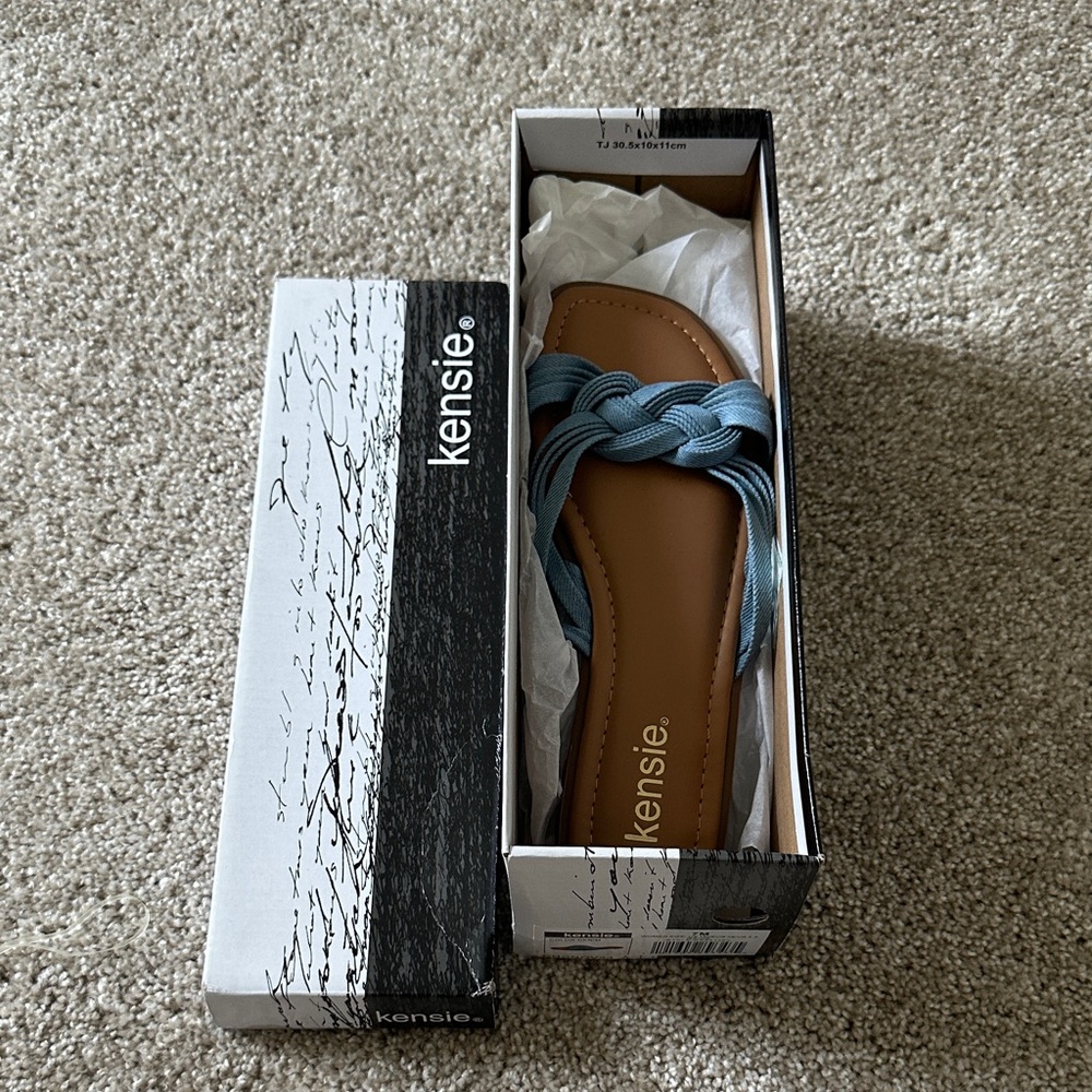 kensie Braided Denim Blue Slide Sandals with Tan Footbed